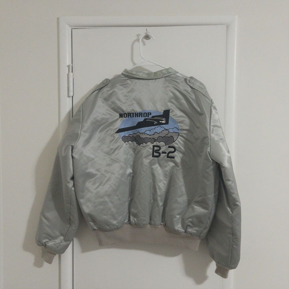 Northrop US Air Force B2 Bomber Satin Jacket Size XL Silver Mac Murray